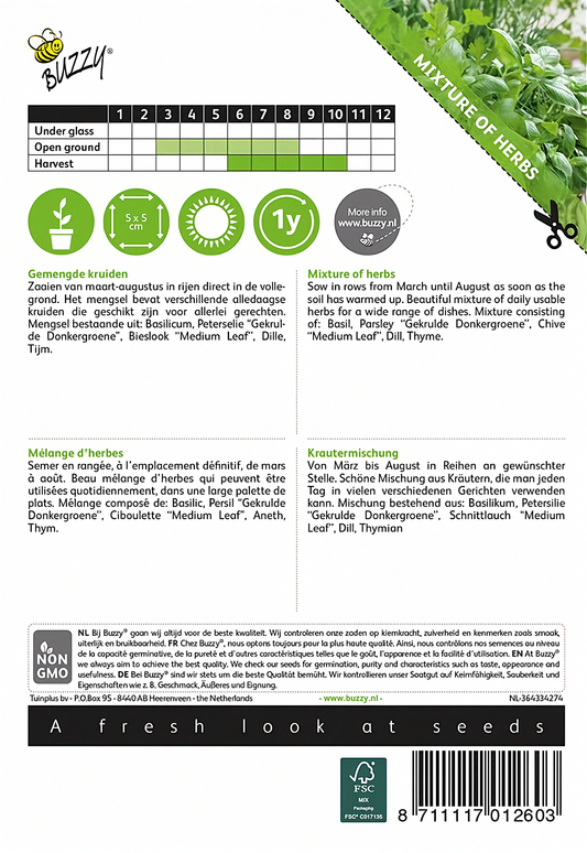 Back of the Buzzy® Mixed Herbs seed packet with sowing and growing instructions.