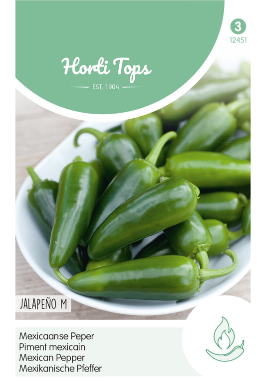Jalapeño M -chilinsiemenpussin etupuoli, jossa näkyy kypsiä vihreitä paprikoita.