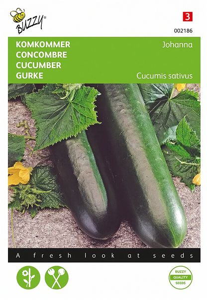 Front of the Buzzy® Johanna Slicing Cucumber (Cucumis sativus) seed packet.