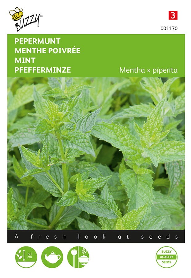 Minttu (Mentha x piperita) -siemenpussin etupuoli, jossa näkyy vihreä yrtti ja Buzzy®-logo