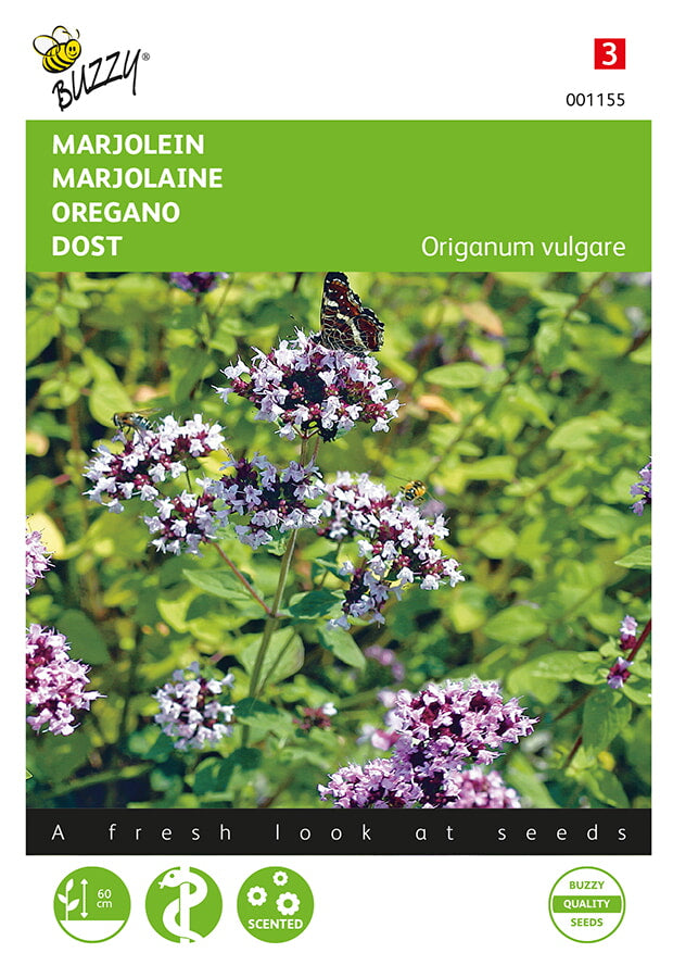 Oregano (Origanum vulgare) -siemenpussin etupuoli, jossa näkyy vihreä yrtti ja Buzzy®-logo