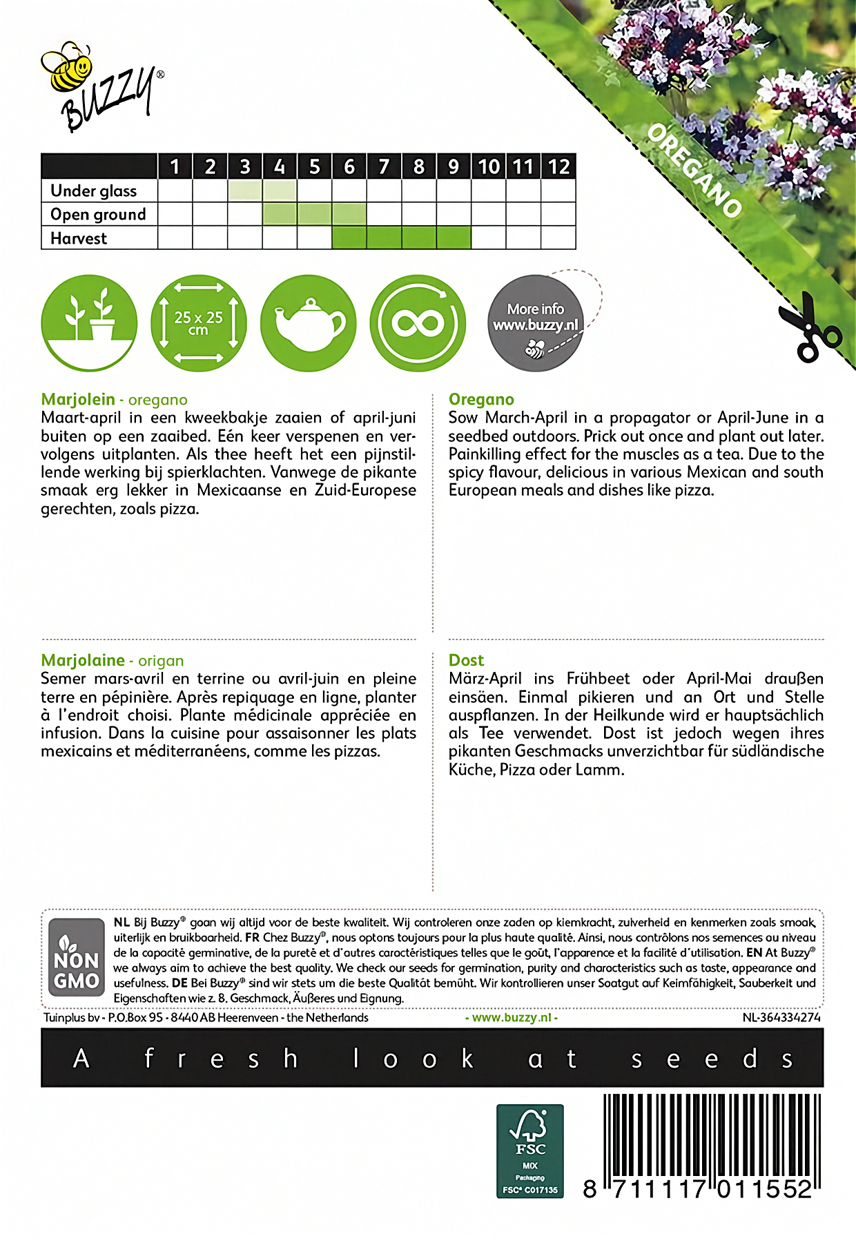 Back of the Buzzy® Oregano (Origanum vulgare) seed packet with sowing and growing instructions.