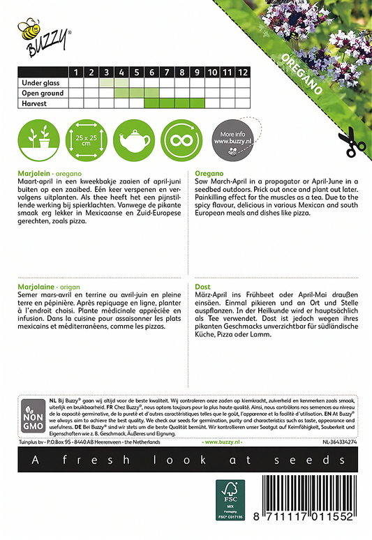 Back of the Buzzy® Oregano (Origanum vulgare) seed packet with sowing and growing instructions.
