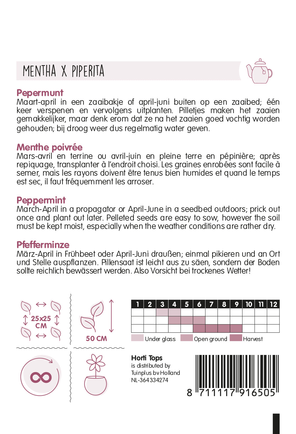 Piparmintun siemenpussin takapuoli, jossa kylvöohjeet ja sisältötiedot.