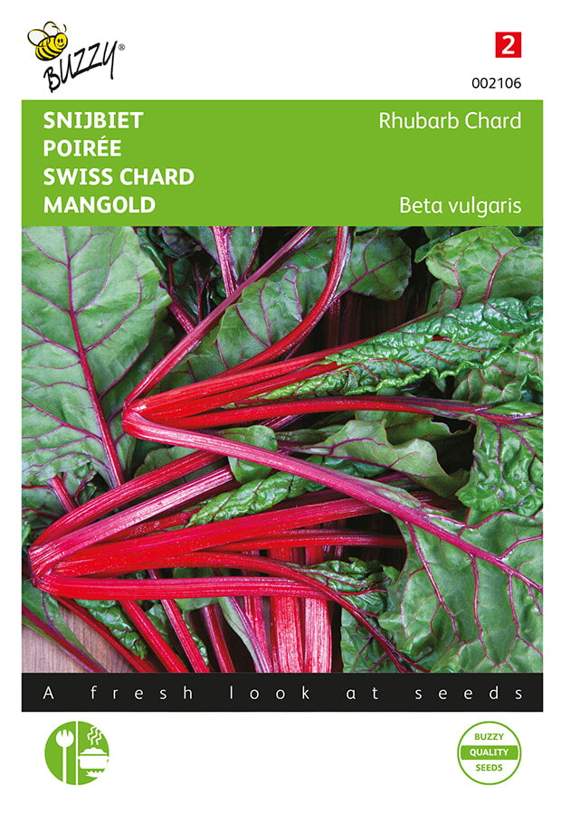 Siemenpussi, jossa Raparperimangoldi (Beta vulgaris) -kasvin kuva. Buzzy®-brändi, kirkas vihreä-punainen ulkoasu.