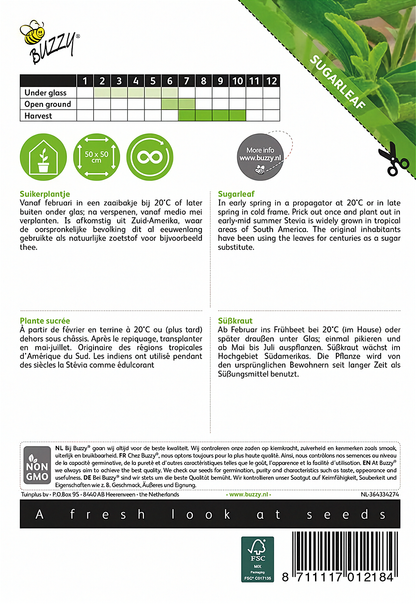 Back of the Buzzy® Stevia (Stevia rebaudiana) seed packet with sowing and growing instructions.