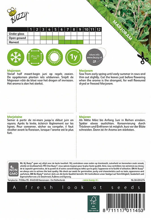Back of the Buzzy® Sweet Marjoram (Majorana hortensis) seed packet with sowing and growing instructions.