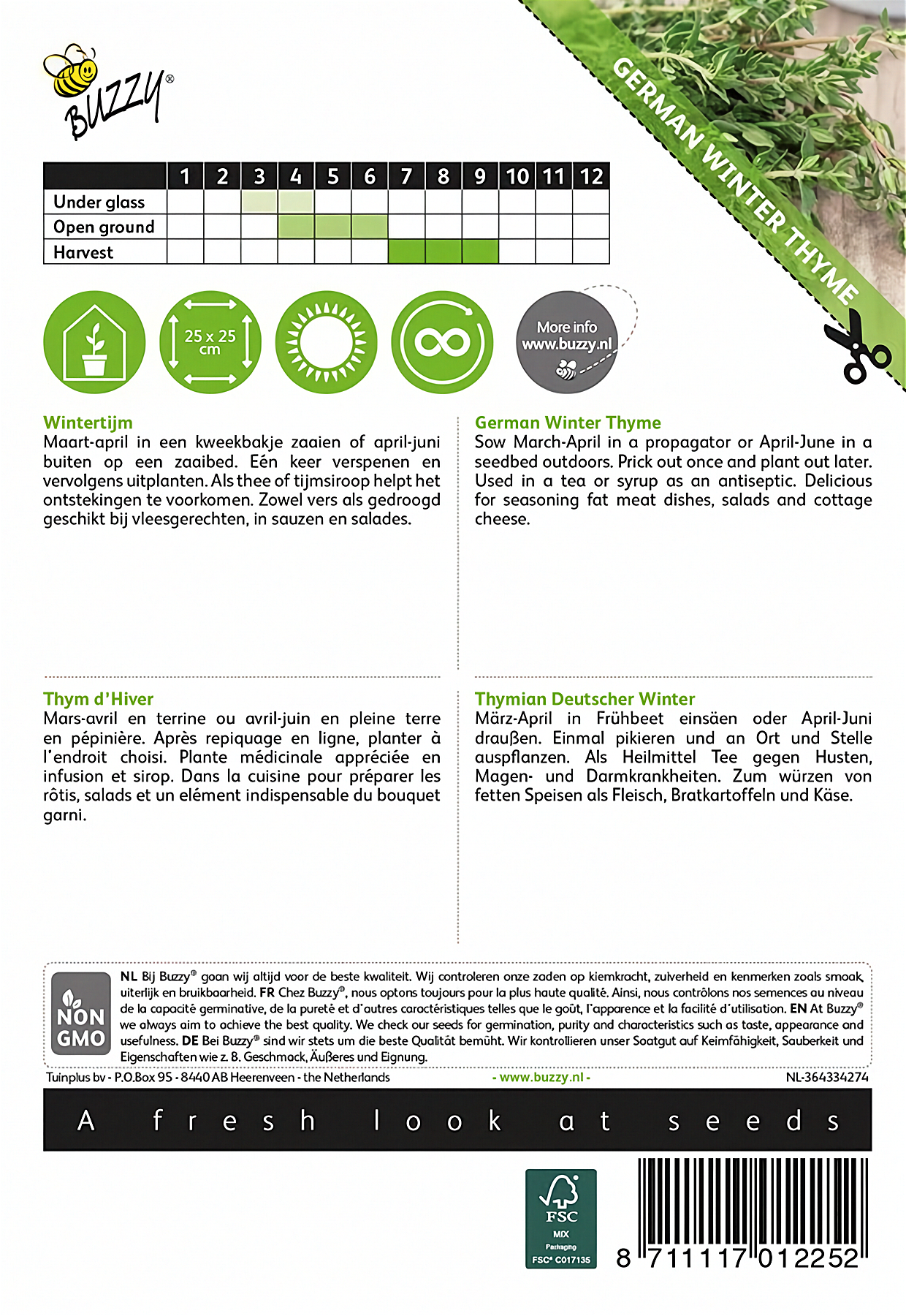 Back of the Buzzy® Thyme (Thymus vulgaris) seed packet with sowing and growing instructions.