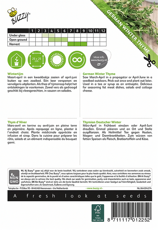 Back of the Buzzy® Thyme (Thymus vulgaris) seed packet with sowing and growing instructions.