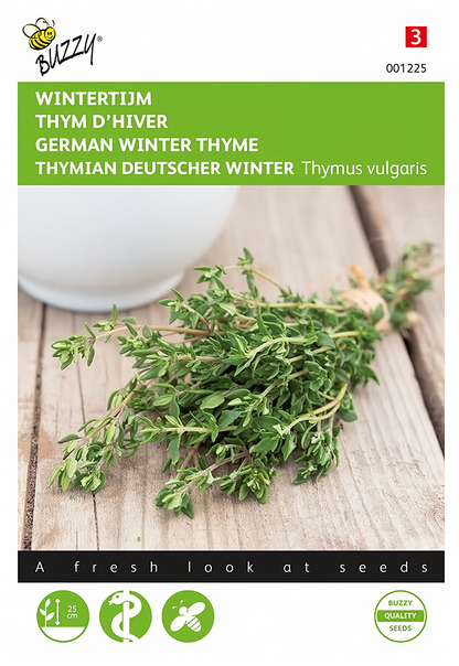 Front of the Buzzy® Thyme (Thymus vulgaris) seed packet.