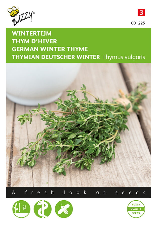 Siemenpussi, jossa Timjami (Thymus vulgaris) -yrtti. Buzzy®-brändin etupuoli